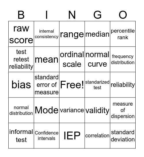 Statistical Definitions Bingo Card