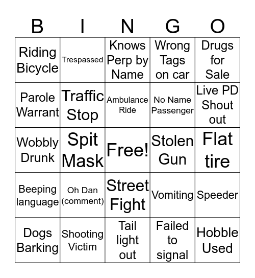 #1 A&E Live- PD BINGO # 2 Bingo Card