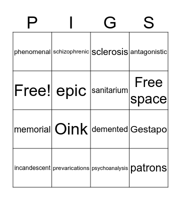 Pigman Bingo Card