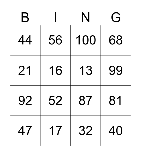 TAL BINGO 0-100 Bingo Card