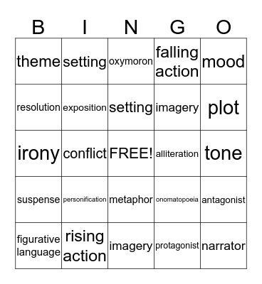 Lit Terms Bingo Card