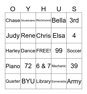 Oyhus Family Reunion Bingo - 2 Bingo Card