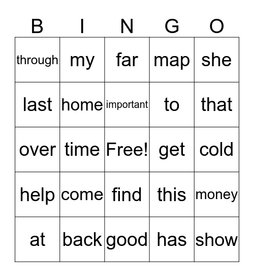 Sight Word Bingo Card