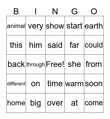 Sight Word Bingo Card