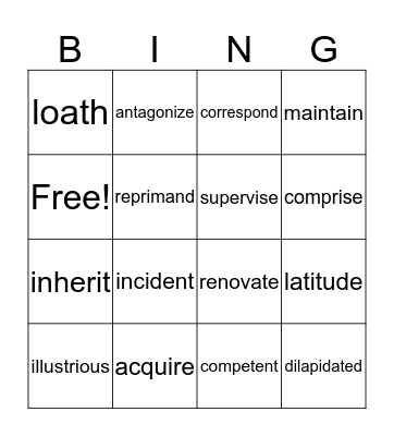 Vocabulary BINGO Card
