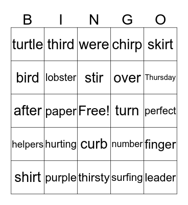 er/ir/ur words Bingo Card