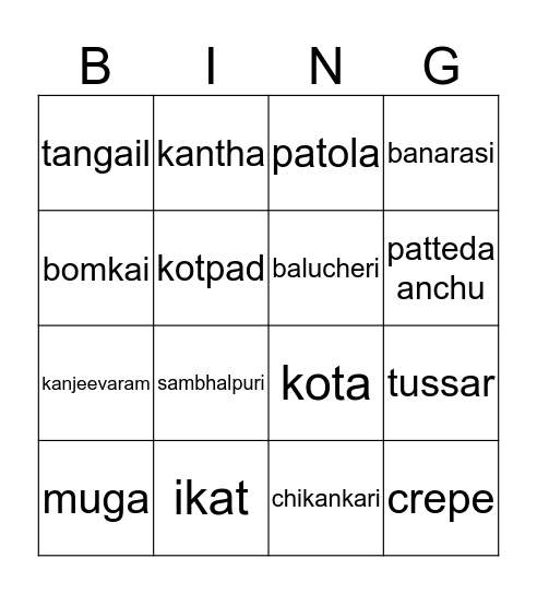 Saris of India Bingo Card