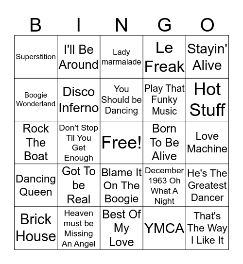 70's Dance Bingo Card