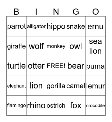 Call of the Wild Bingo Card