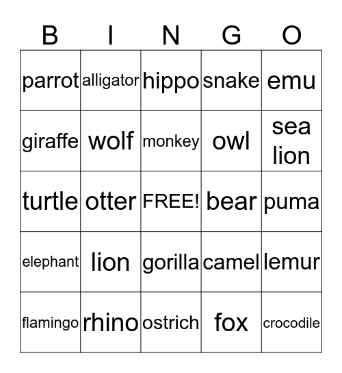Call of the Wild Bingo Card