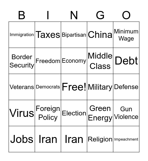 State Of The Union Bingo Card