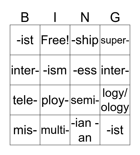 Prefix/ Suffix Bingo Card