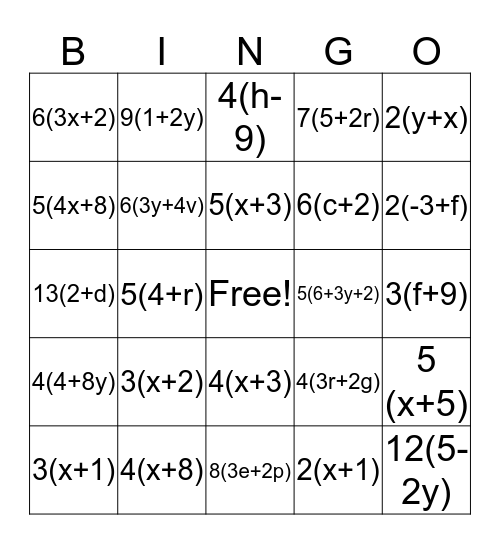 DISTRIBUTIVE PROPERTY BINGO Card