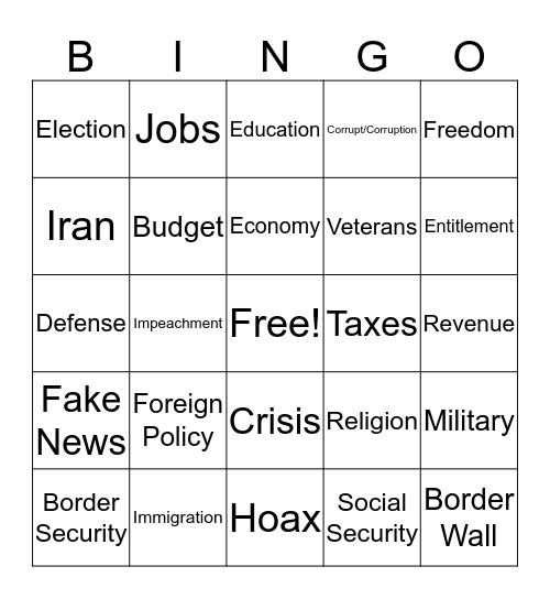 State of the Union Address 2020 Bingo Card