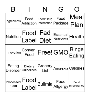 Nutrition Bingo Card