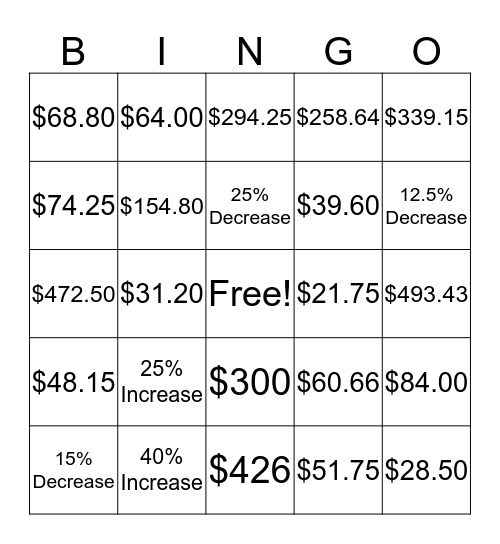 7th Grade Percentages Bingo Card