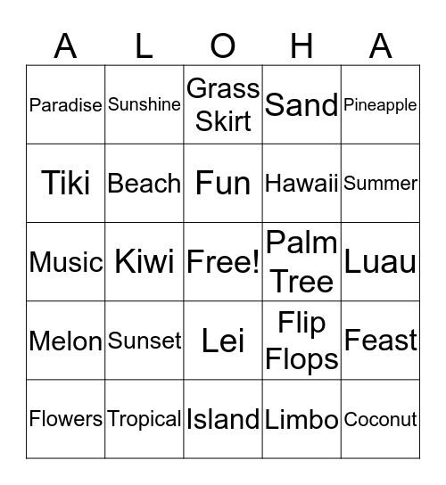 Sahley's Hawaiian Bingo Card