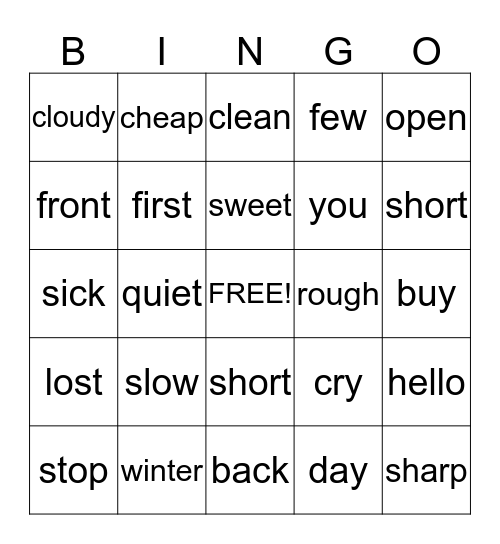 Opposite Bingo Card