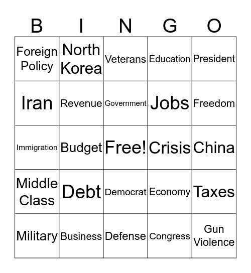 State of the union 2020 Bingo Card