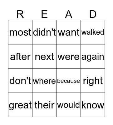 Sight Words Bingo Card