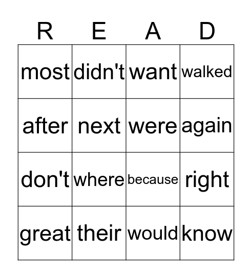 Sight Words Bingo Card
