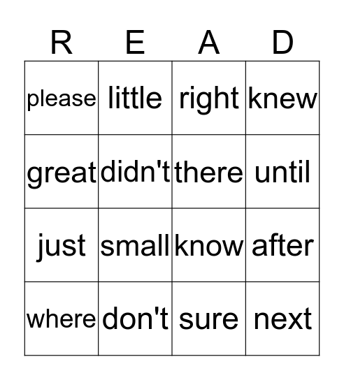 Sight Words Bingo Card