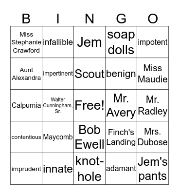To Kill a Mockingbird Vocab. 1 BINGO Card