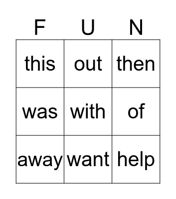 Sight Words Bingo Card