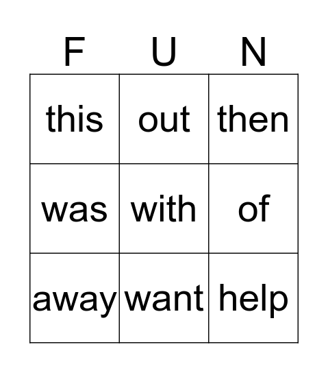 Sight Words Bingo Card