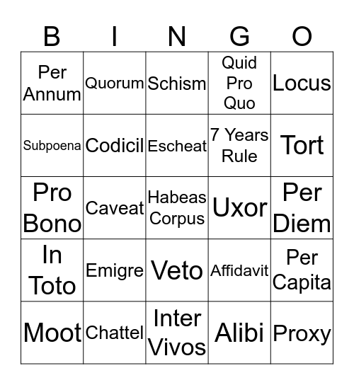 Legal Latin Lingo Bingo Card