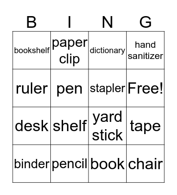 Classroom Items 1 Bingo Card