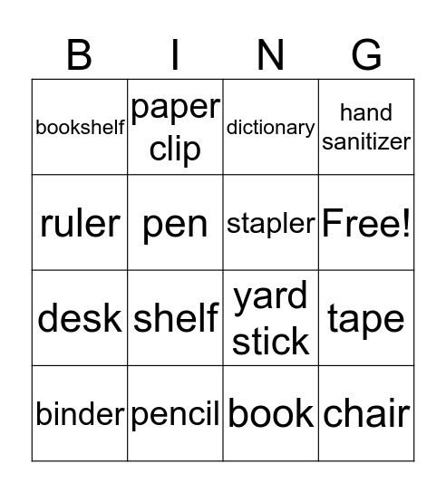 Classroom Items 1 Bingo Card