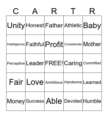 Carter Bingo Card