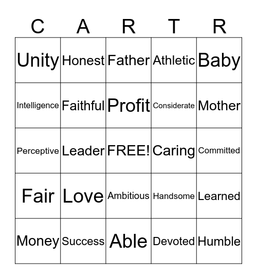 Carter Bingo Card