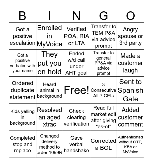 TEM Bingo Card