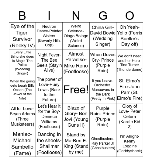 DD9 80's Movie Songs Bingo Card