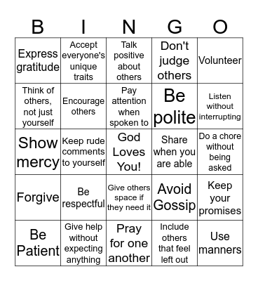 Ways To Show God's Love! Bingo Card