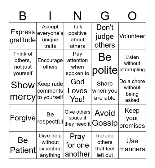 Ways To Show God's Love! Bingo Card