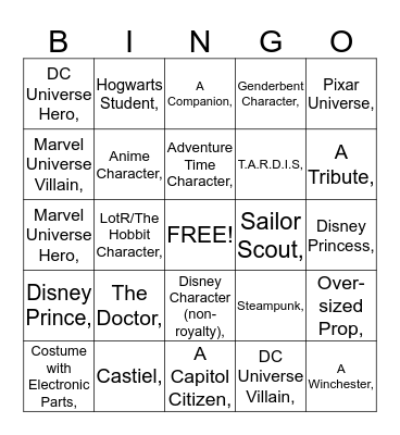 Cosplay Bingo Card