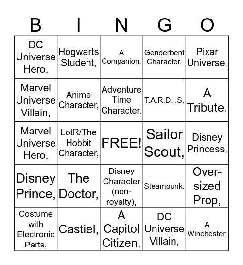 Cosplay Bingo Card