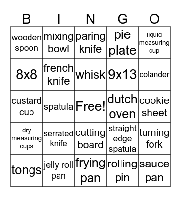 Kitchen Equipment Bingo Card