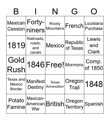 Manifest Destiny Bingo Card