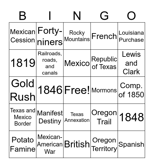 Manifest Destiny Bingo Card