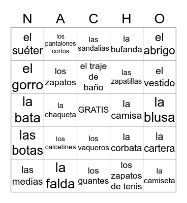 La Ropa Bingo Card