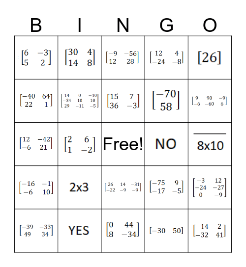 Matrix Multiplication Bingo Card