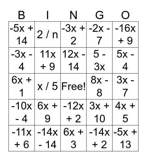 Verbal Expressions to Algebraic Expressions Bingo  Bingo Card