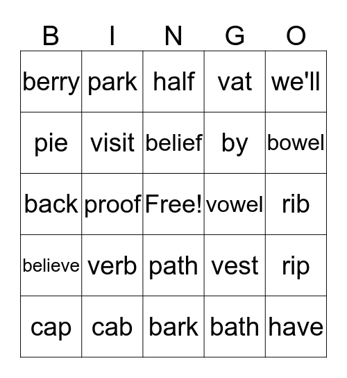 Simple B -V Bingo Card