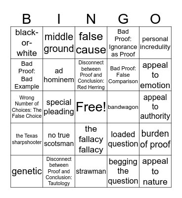 Friend’s Fallacies Bingo Card