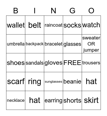 Clothes and Accessories Bingo Card
