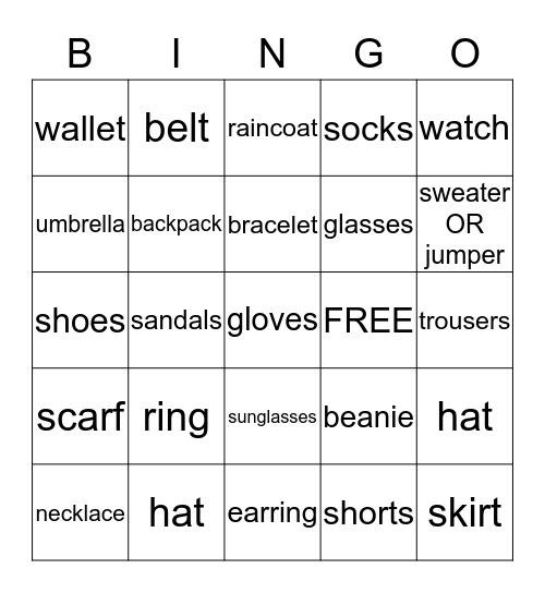 Clothes and Accessories Bingo Card